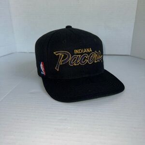 Vintage 90s Indiana Pacers Sports Specialties Script SnapBack Hat NBA Black Logo